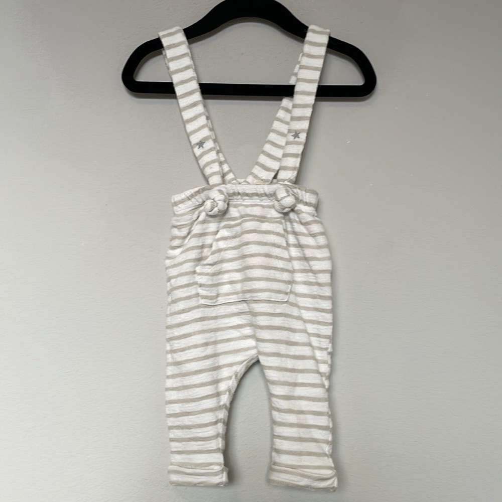 Zara Mini Soft Cream & Tan Striped Overalls Suspender Pants with Gray Stripes